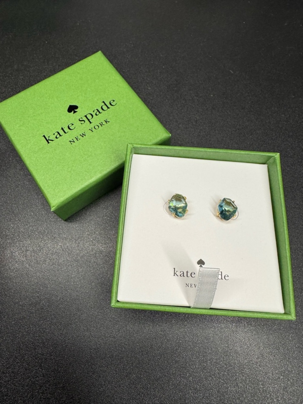 Kate Spade Treasure Trove Stud Earrings Blue Green Gem Gold Tone NWT Box